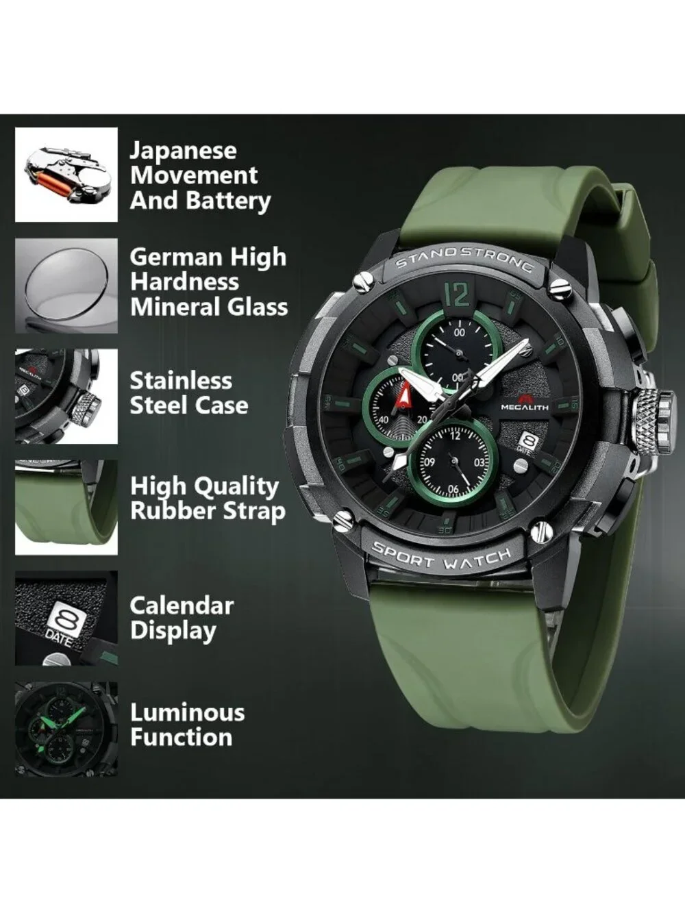 Men's Green Analog Quartz Heavy Duty Waterproof Chronograph Luminous Wrist Watch